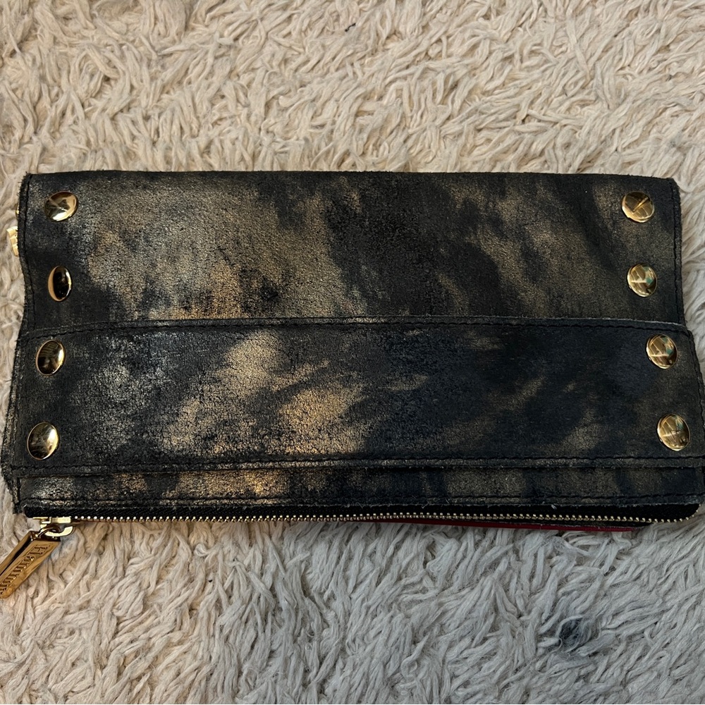 Black and Gold Metallic Clutch with Gold Stud Accents